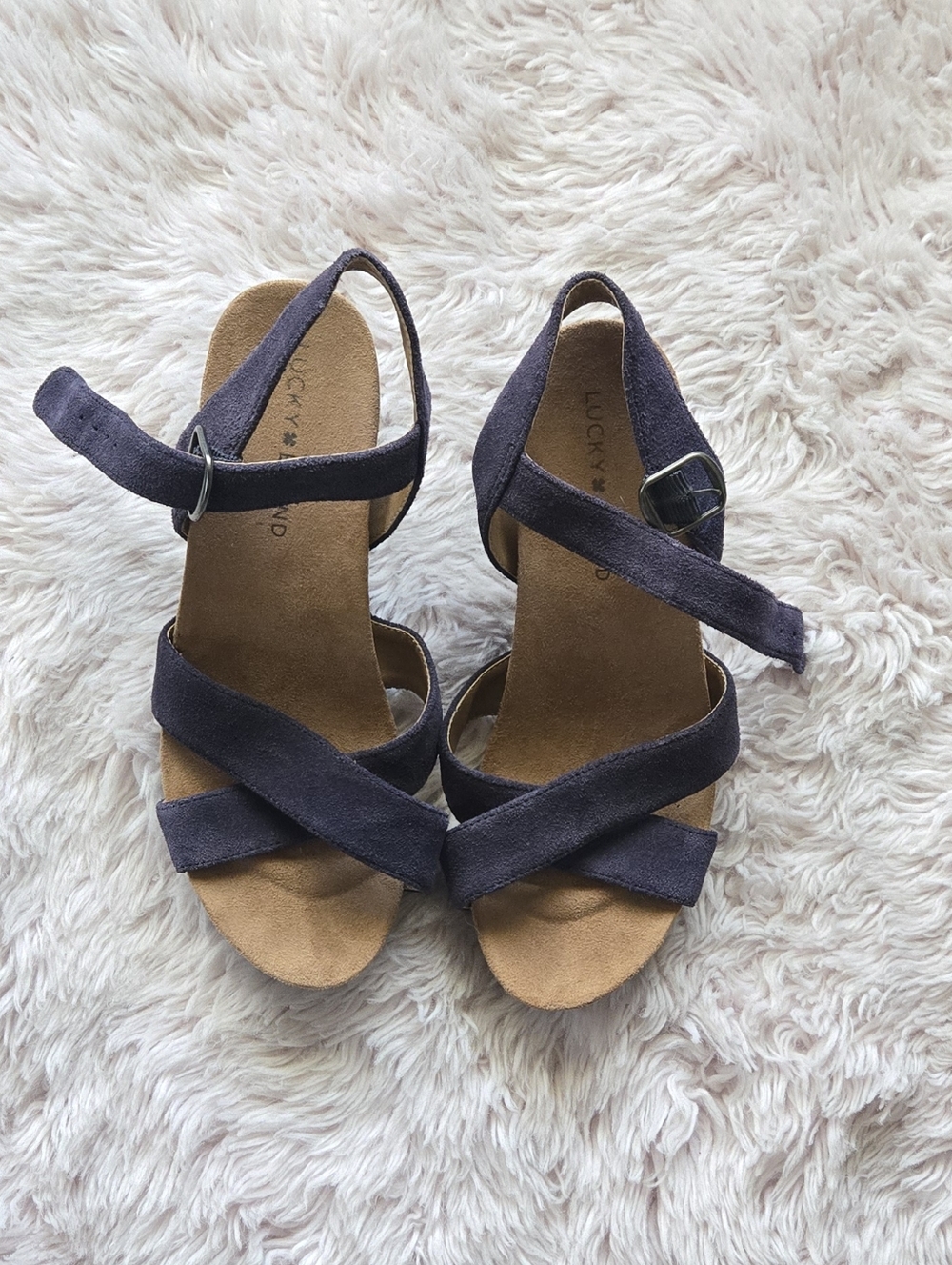 Lucky Brand Navy Suede Crisscross Ankle Strap Wedge Sandals